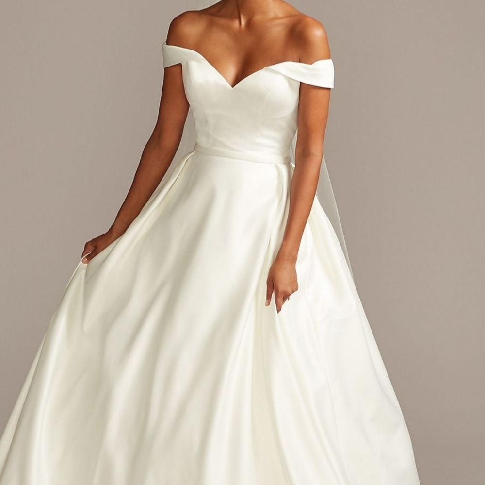 Davids Bridal Off The Shoulder Satin Wedding Dress